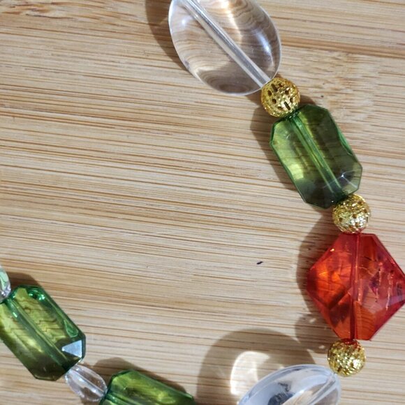 Hand Crafted Necklace Christmas Colors Beaded Red Green Clear Crystals and Gold - Picture 7 of 9